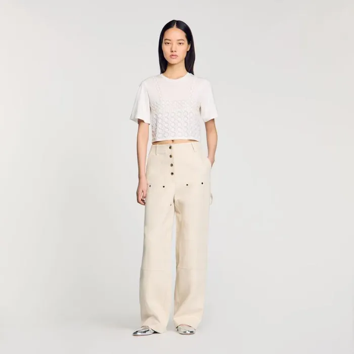 Women Tshirts SANDRO Beaded Cropped Tshirt White