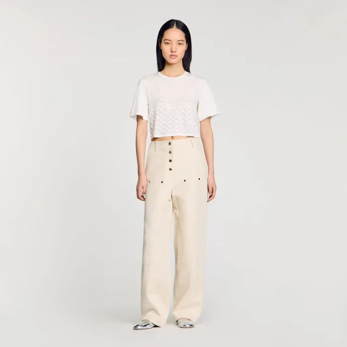 Women Tshirts SANDRO Beaded Cropped Tshirt White