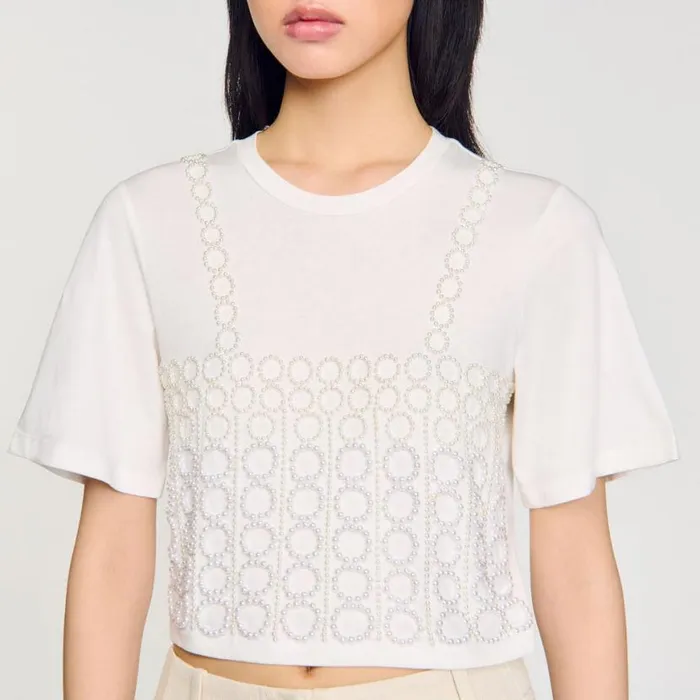 Women Tshirts SANDRO Beaded Cropped Tshirt White