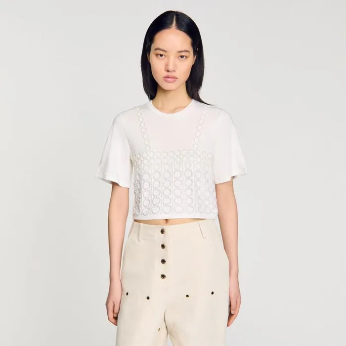 Women Tshirts SANDRO Beaded Cropped Tshirt White