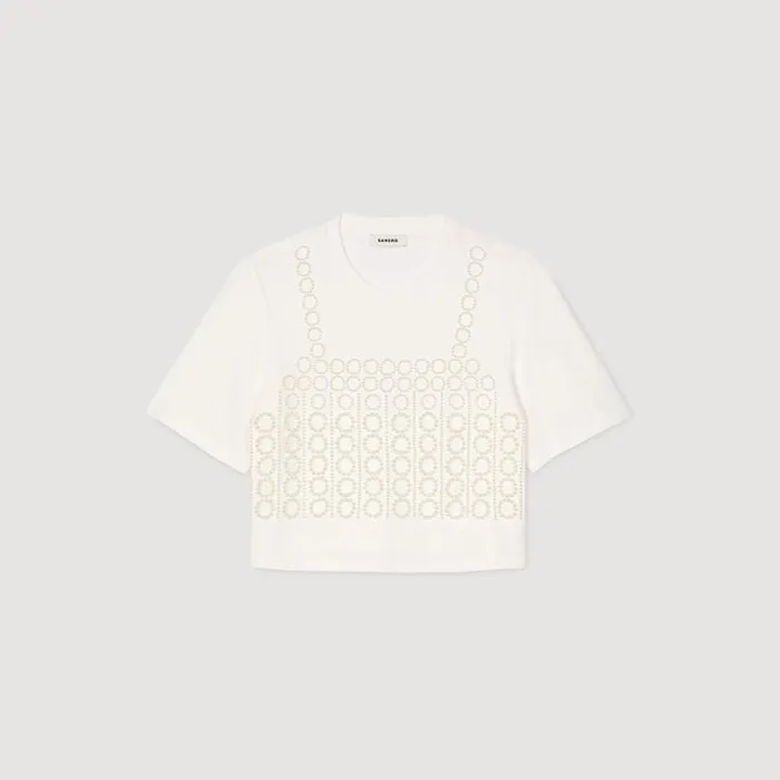 Women Tshirts SANDRO Beaded Cropped Tshirt White