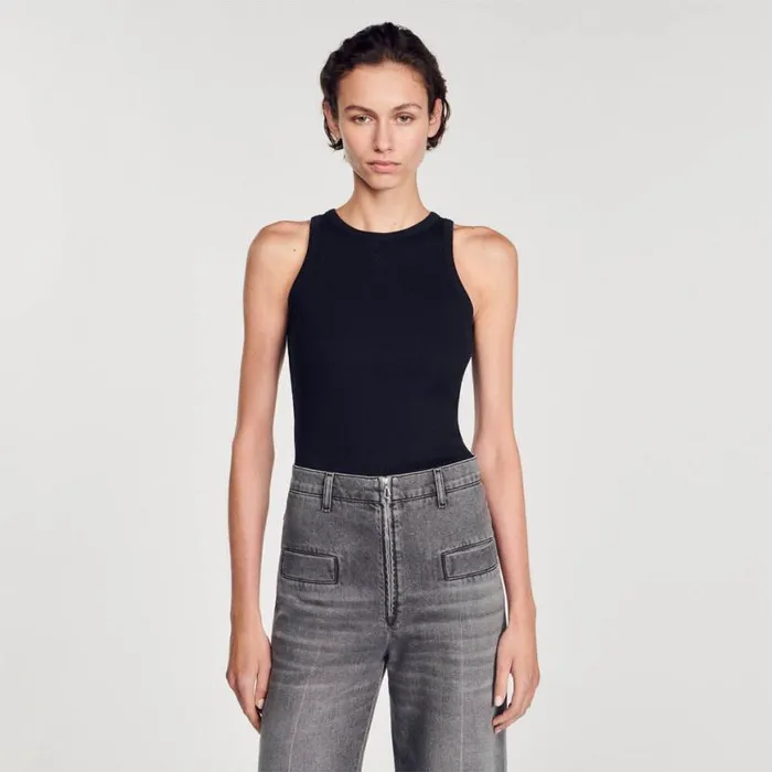 Women Tshirts SANDRO Embroidered Vest Top Black