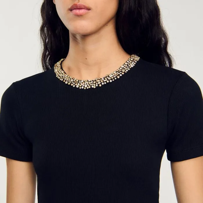 Women Tshirts SANDRO Tshirt With Rhinestone Trim Black
