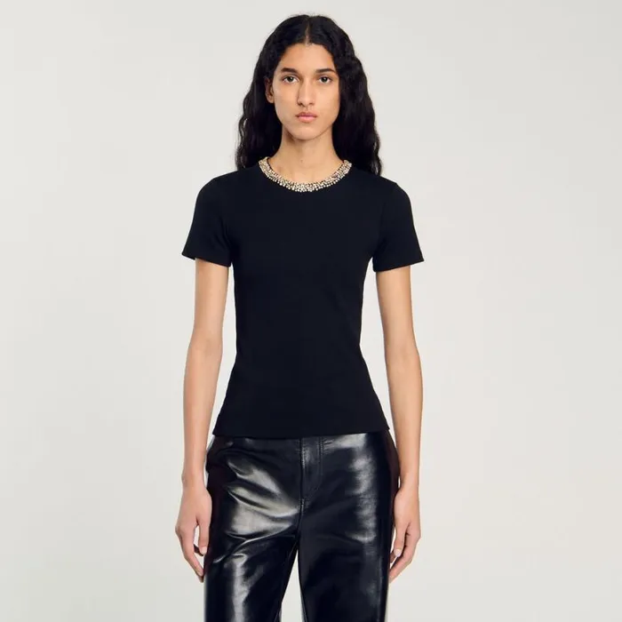 Women Tshirts SANDRO Tshirt With Rhinestone Trim Black