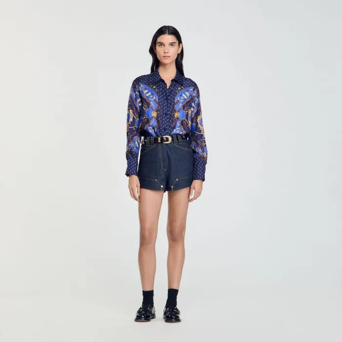 Women Tops and Shirts SANDRO Patterned Silk Shirt Navy Gold