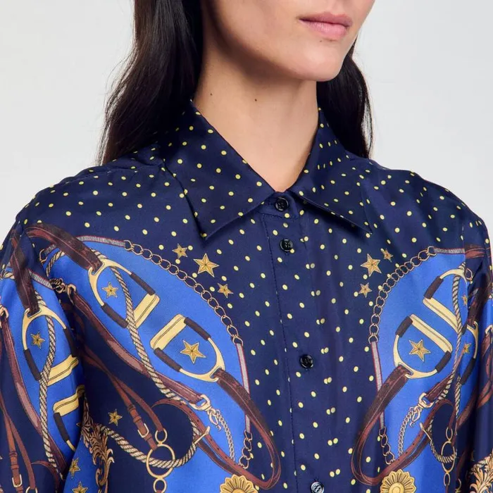 Women Tops and Shirts SANDRO Patterned Silk Shirt Navy Gold