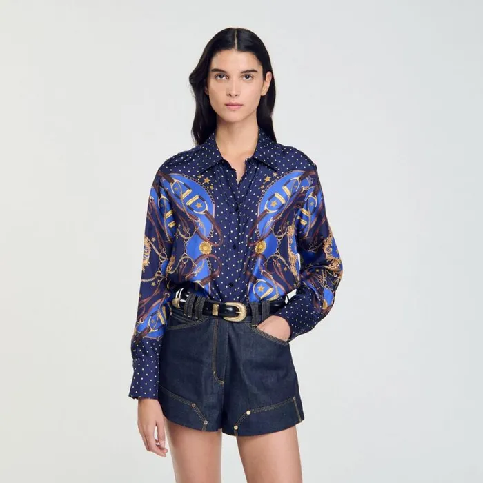 Women Tops and Shirts SANDRO Patterned Silk Shirt Navy Gold