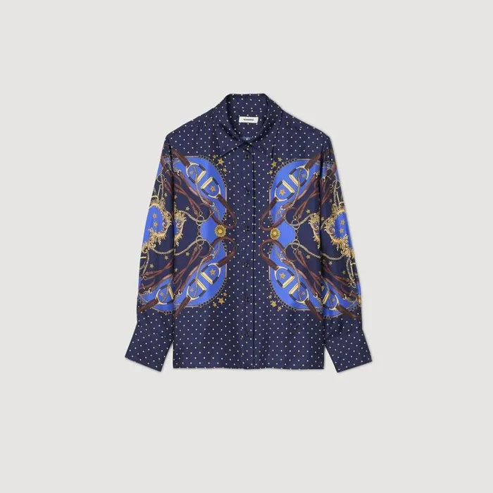 Women Tops and Shirts SANDRO Patterned Silk Shirt Navy Gold