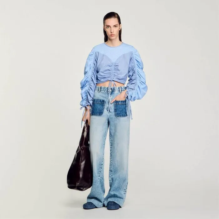 Women Tops and Shirts SANDRO Patterned Top With Drawstrings Sky Blue