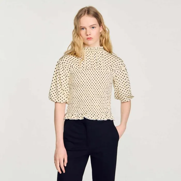 Women Tops and Shirts SANDRO Polka Dot TShirt Ecru Black
