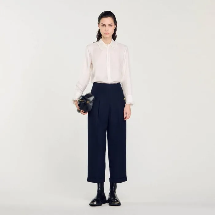 Women Tops and Shirts SANDRO Silk Shirt With Pleated Trim Ecru