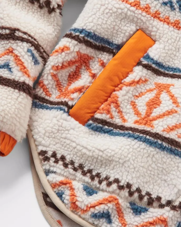 Women Tops Passenger Beaumont Recycled Sherpa Hooded Fleece Homespun Stripe Sunrise Orange Homespun Stripe Sunrise Orange