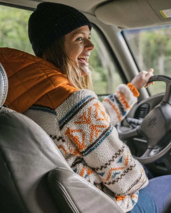 Women Tops Passenger Beaumont Recycled Sherpa Hooded Fleece Homespun Stripe Sunrise Orange Homespun Stripe Sunrise Orange