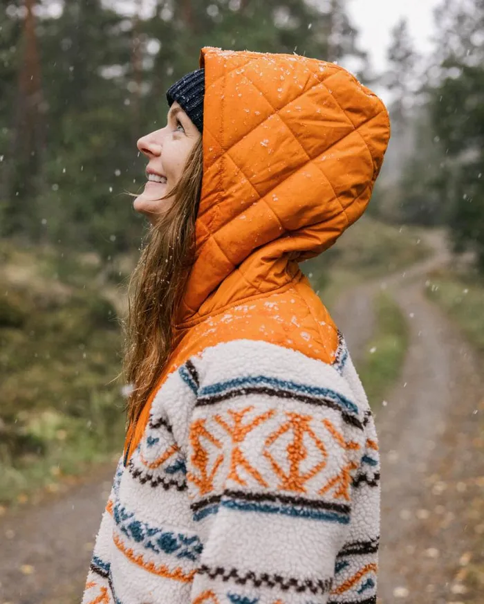 Women Tops Passenger Beaumont Recycled Sherpa Hooded Fleece Homespun Stripe Sunrise Orange Homespun Stripe Sunrise Orange