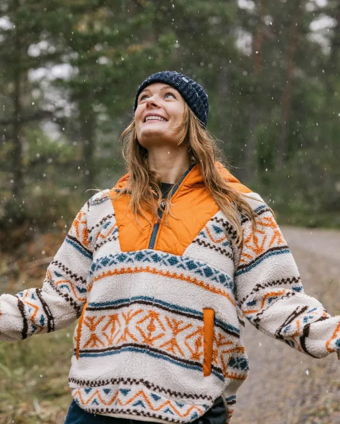 Women Tops Passenger Beaumont Recycled Sherpa Hooded Fleece Homespun Stripe Sunrise Orange Homespun Stripe Sunrise Orange