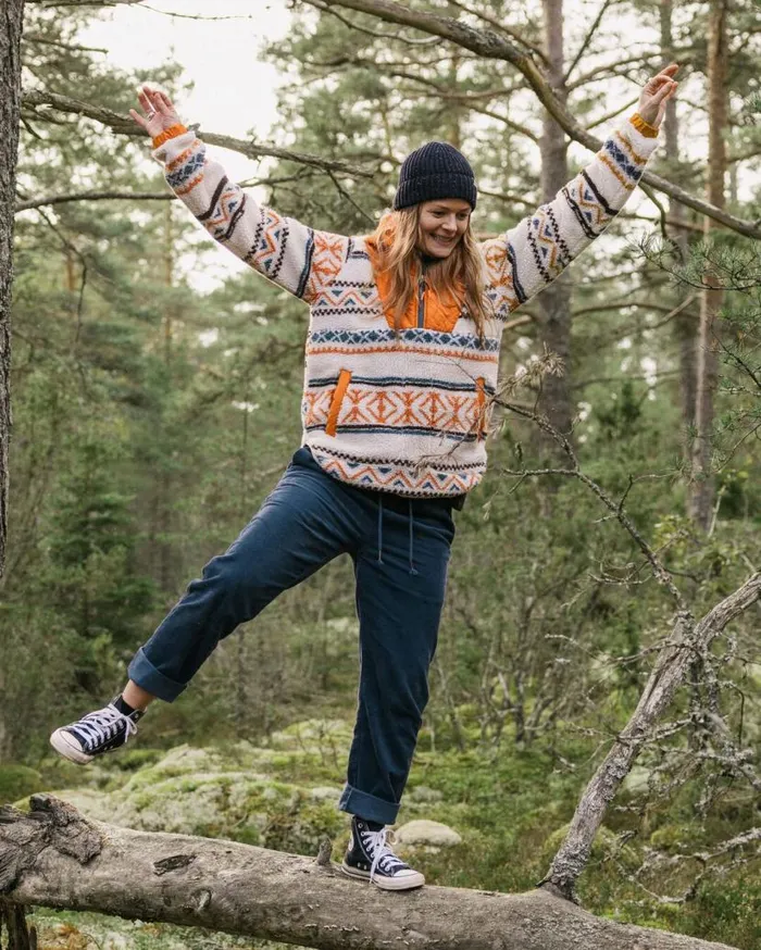 Women Tops Passenger Beaumont Recycled Sherpa Hooded Fleece Homespun Stripe Sunrise Orange Homespun Stripe Sunrise Orange