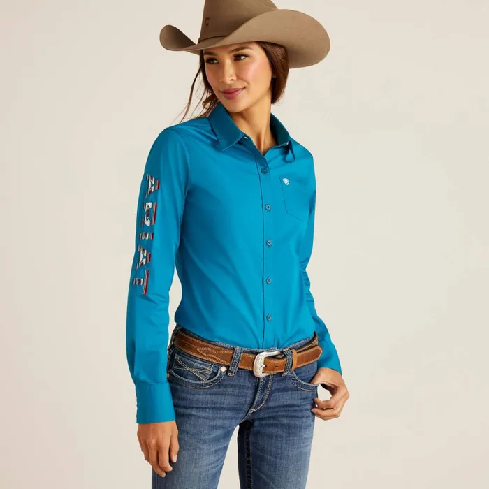 Wrinkle Resist Team Kirby Stretch Shirt Crystal Teal Women Ariat TShirts and Tops